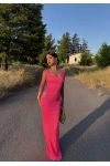 Fuşya Yan Pencereli Kayık Yaka Elbise
