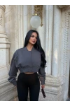 Gri Dokuma Kısa Bomber Ceket