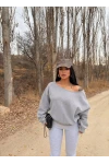 Gri Kayık Yaka Şardonlu Sweat