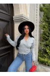 Gri Kruvaze Crop Triko Kazak