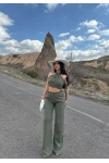 Haki Elina Yaka Çapraz Keten Takım