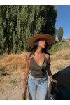 Haki Tek Omuz Aksesuarlı Degaje Crop