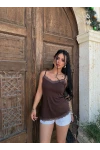 Kahve Asimetrik Dantelli Bluz