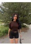 Kahve Belden Oturtmalı Yarasa Tişört