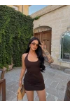 Kahve Boyundan Geçmeli Modal Elbise