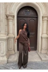 Kahve Degaje Yaka Saten İkili Takım