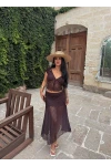 Kahve Güpürlü Etek Crop İkili Takım