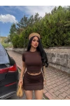Kahve Güpürlü Etek Crop Takım