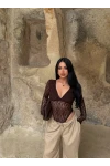 Kahve İçi Astarlı Güpürlü Bodysuit