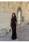 Kahve Jakar Desenli Maxi Elbise