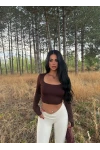 Kahve Kare Yaka Çift Kat Crop