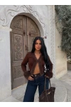 Kahve Kürk Detaylı Triko Hırka