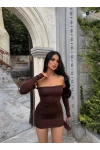 Kahve Madonna Taşlı Mini Elbise