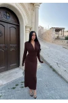 Kahve Mona Vatkalı Midiboy Elbise