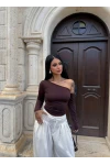 Kahve Omuz Açık Basic Crop