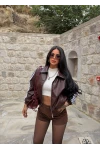 Kahve Retro Şeritli Deri Ceket