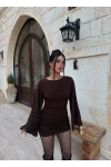 Kahve Sırt Dekolte Drapeli Mini Elbise