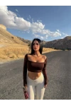 Kahve Sırt Dekolte Kare Yaka Crop