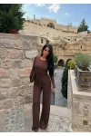 Kahve Yaka Düğmeli İkili Takım