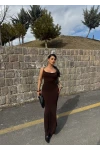 Kahve Yırtmaçlı Degaje Yaka Elbise