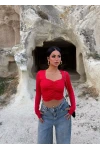Kırmızı Aden Büzgülü Crop Bluz