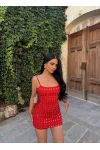 Kırmızı Baget Taşlı Mini Elbise