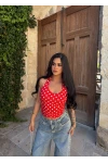 Kırmızı Boyundan Geçmeli Puantiyeli Crop