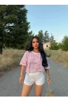 Kırmızı Çizgili Oversize Tişört