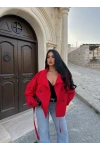 Kırmızı Dik Yaka Kuşaklı Trençkot