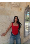 Kırmızı Kare Yaka Basic Bodysuit