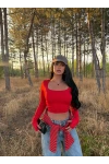 Kırmızı Kare Yaka Çift Kat Crop