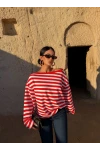 Kırmızı Kayık Yaka Çizgili Sweat