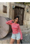 Kırmızı Kolları Volanlı Çizgili Crop
