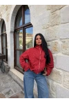 Kırmızı Lora Ekose Bomber Ceket
