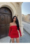 Kırmızı Madonna Taşlı Mini Elbise