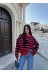 Kırmızı Miley Çizgili Oversize Kazak
