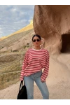Kırmızı Modal Çizgili Basic Sweat