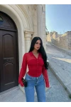 Kırmızı Polo Yaka Crop Gömlek
