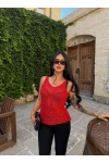 Kırmızı Pullu Ajurlu Triko Bluz