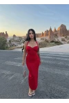 Kırmızı Sırt Dekolte Gloplu Maxi Elbise