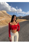 Kırmızı Sırt Dekolte Kare Yaka Crop