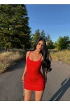 Kırmızı Zımbalı Askılı Mini Elbise