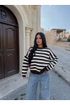 Krem Miley Çizgili Oversize Kazak