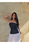 Lacivert Çift Yırtmaçlı Denim Straplez
