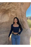 Lacivert Kare Yaka Çift Kat Crop