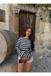 Lacivert Kolları Volanlı Çizgili Crop