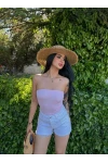 Pembe Kabartma Straplez Crop