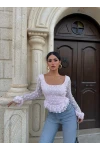 Pembe Kare Yaka Güpürlü Peplum Bluz