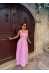 Pembe Kare Yaka Poplin Elbise