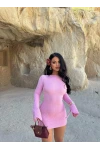 Pembe Sırt Açık Gofre Elbise